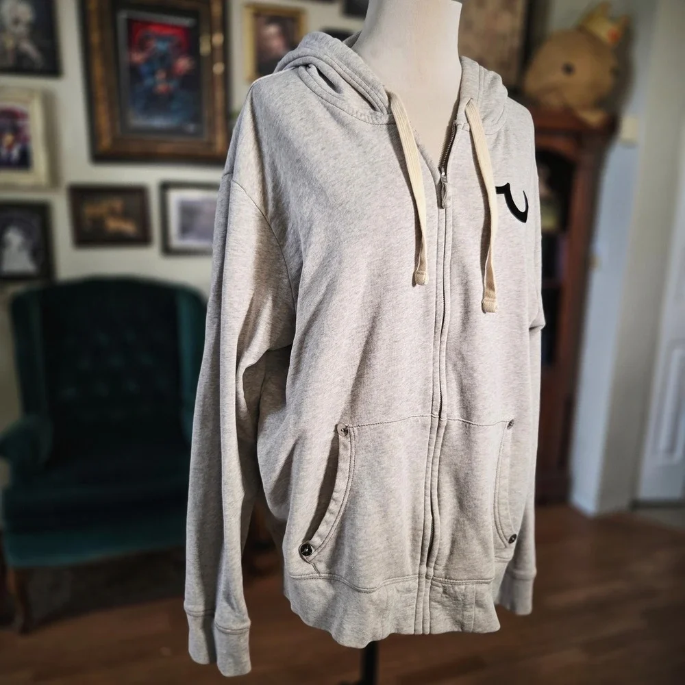 True Religion‎ Zip Up Hoodie Mens 3XL Grey World Tour Buddha Logo Distressed Y2K